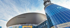 panoramic of bridgestone arena on broadway in Nashville, Tennessee