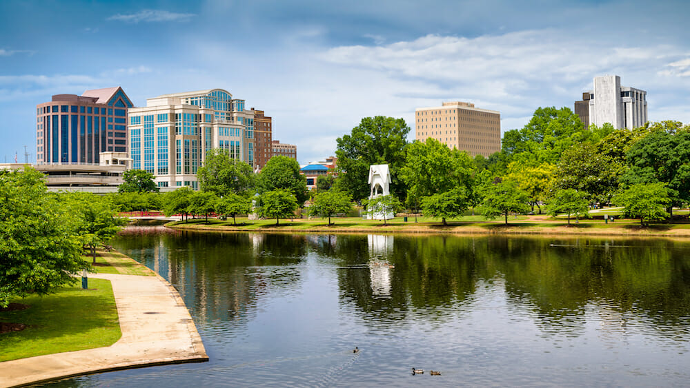 Cityscape scene of downtown Huntsville, Alabama, from Big Spring Park