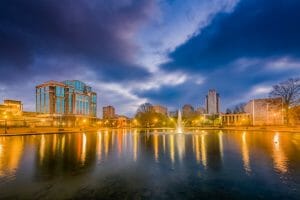 Huntsville park and downtown cityscape at twilight