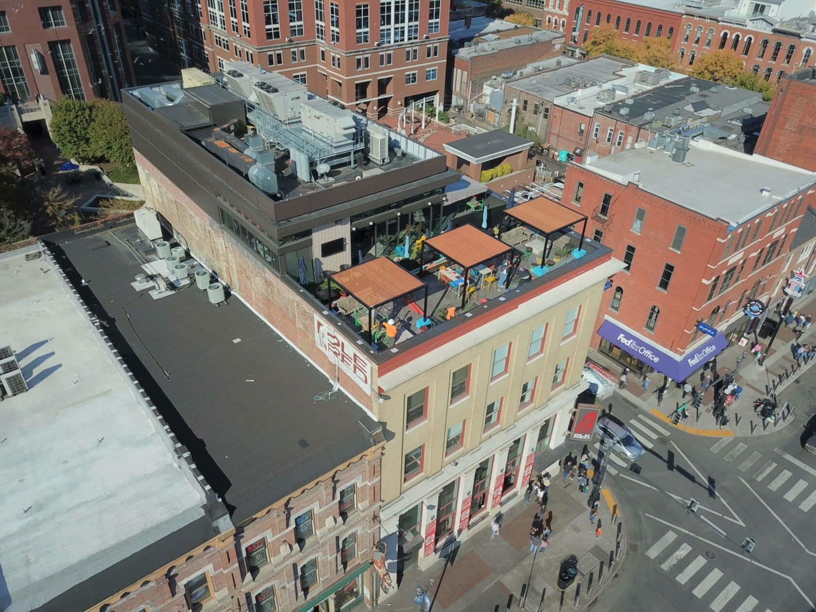 aerial shot of three rooftop bars on Broadway in Nashville