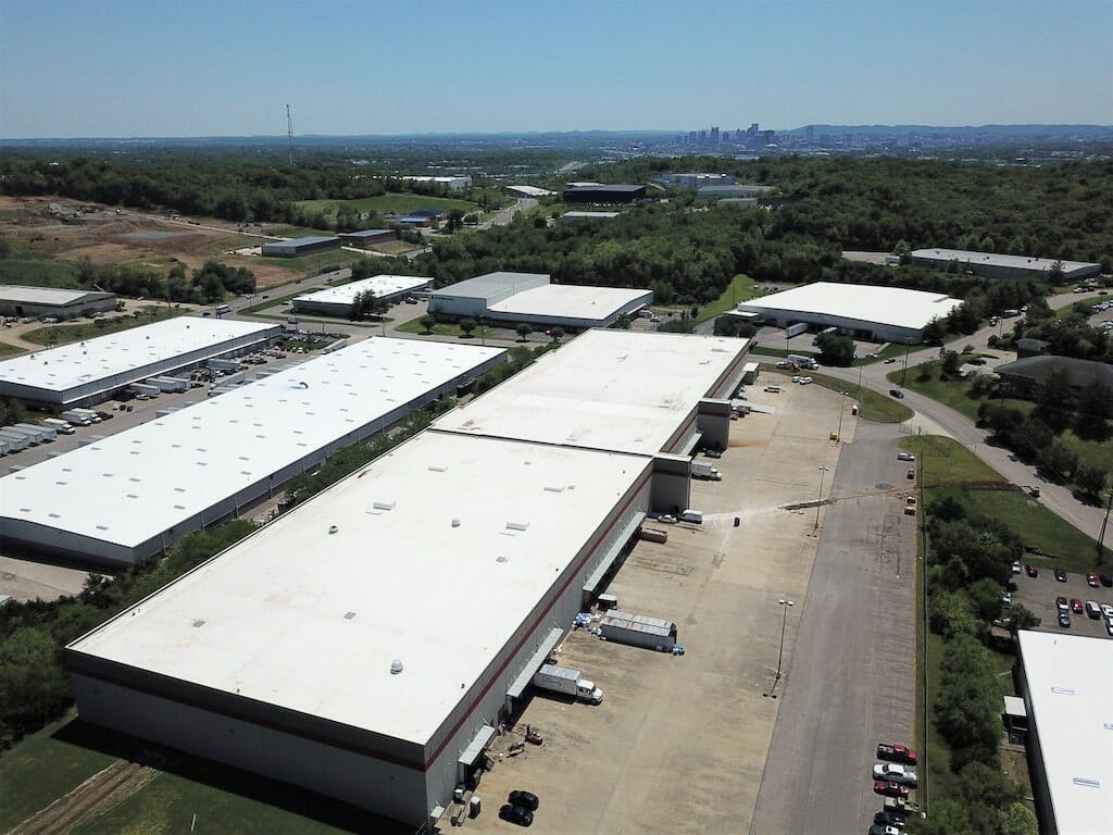 Aerial view of warehouse rooftops.