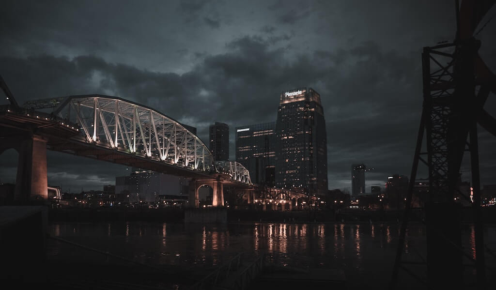 City skyline at night.