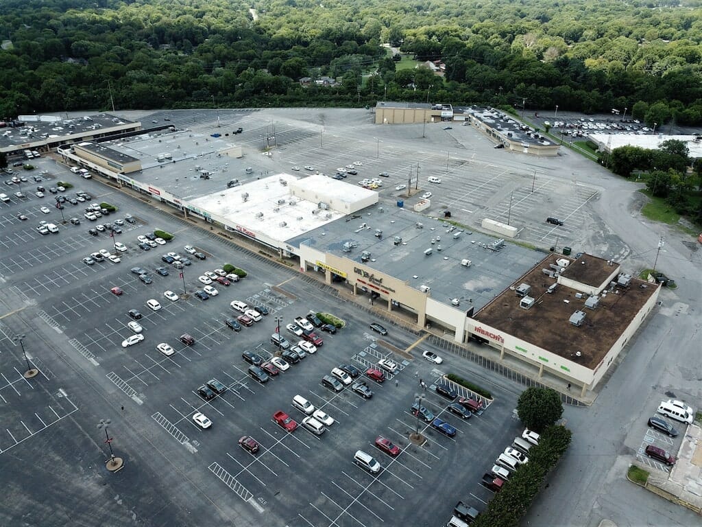 aerial shot roof of shopping mall