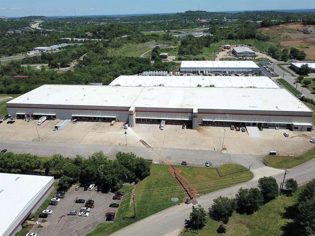 aerial shot of an industrial building roof.