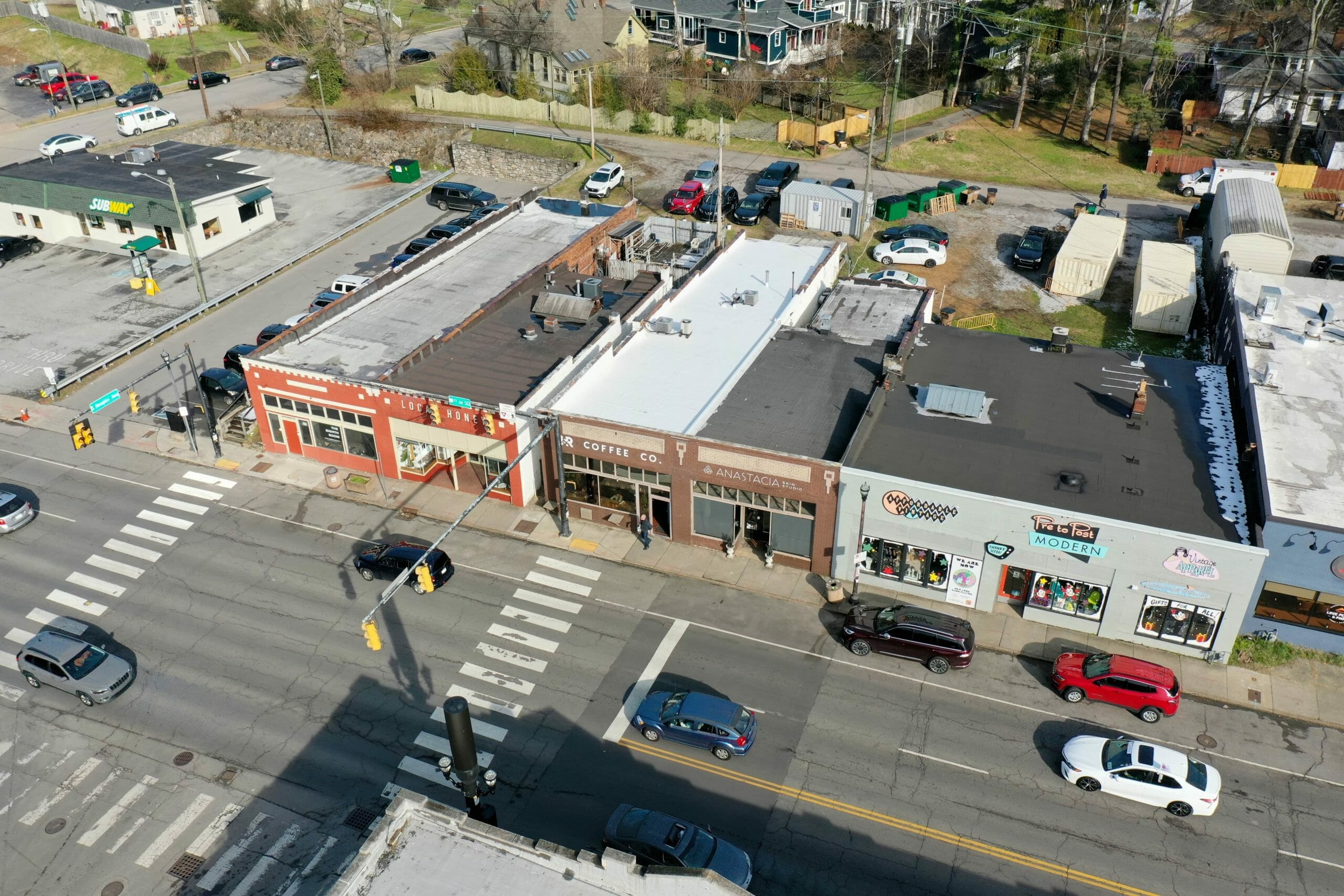 An aerial view of the 8th South reroofing project in Nashville, TN