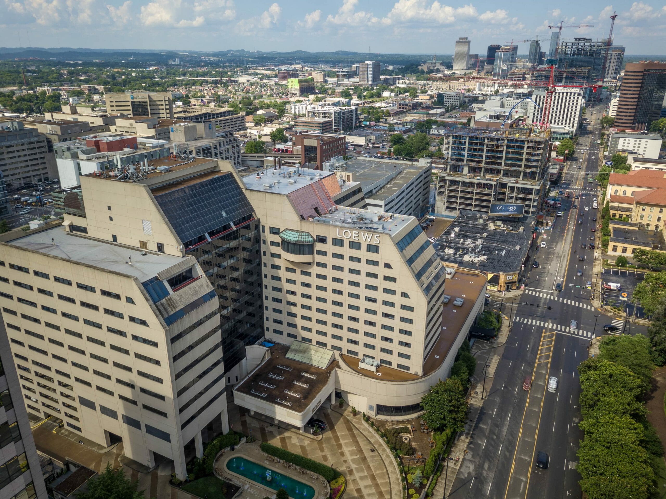 Aerial of midtown, nashville , featuring the Loews hotel.