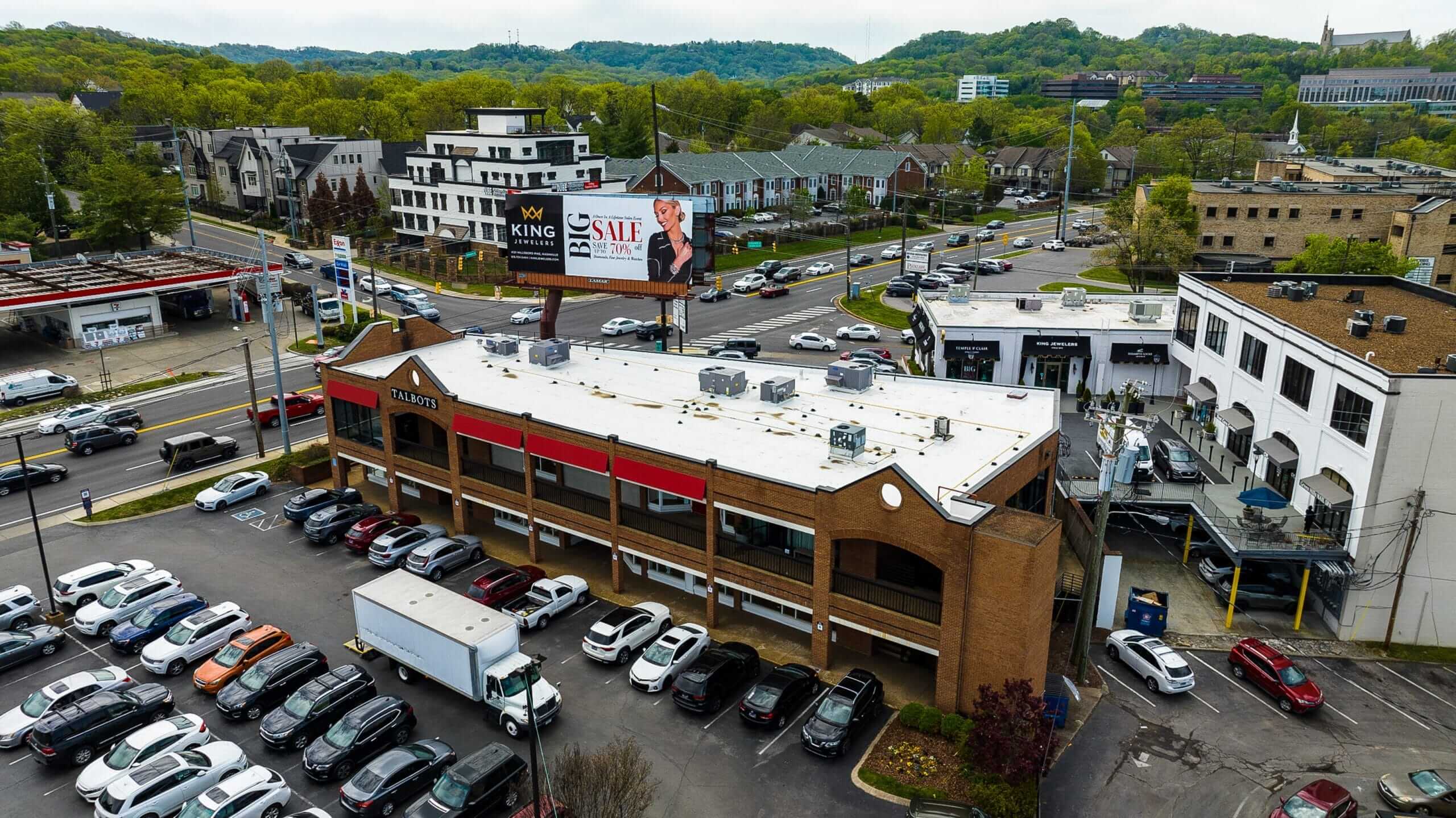 aerial view of Village Green shopping center in Nashville